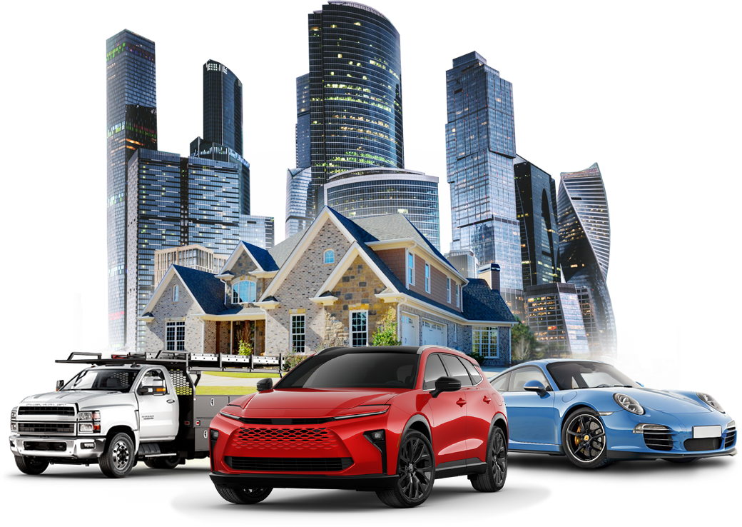 The main banner of the website, picturing a commercial truck, a personal car and an exotic sports car with a house and office buildings in the background.